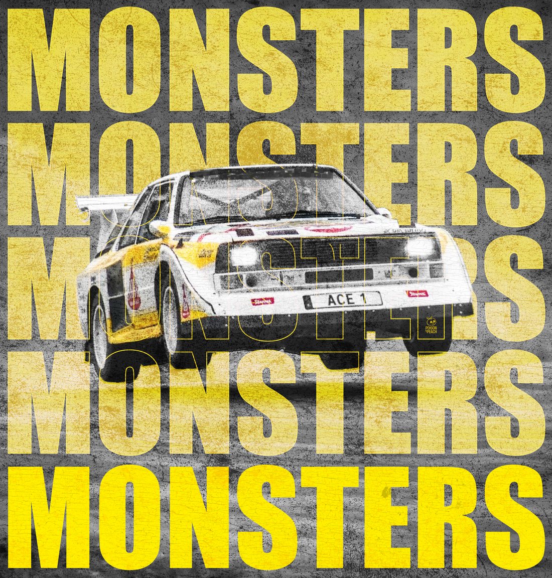Monsters: a Group B rally car over a stack of yellow MONSTERS type